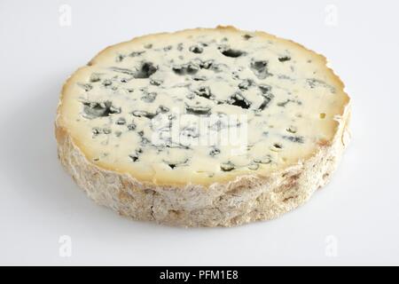 Circular slice of French Fourme d'Ambert AOC cow's milk blue cheese Stock Photo