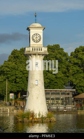 The Scott Memorial in Roath Park Lake in the suburbs of Cardiff, Wales. Captain Scott left Cardiff for his expedition to the south pole. Stock Photo