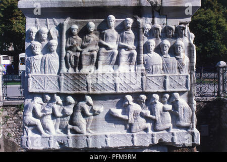 Asia, Turkey, Istanbul, Hippodrome, relief carved on the base of the Egyptian Obelisk, depicting figures in traditional dress, built in 1500 BC. Stock Photo