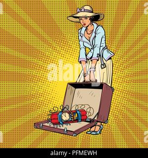 female terrorist. Bomb in baggage. Comic cartoon pop art retro vector illustration drawing Stock Vector
