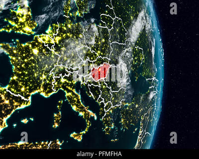 Hungary from space on planet Earth at night with visible country borders. 3D illustration. Elements of this image furnished by NASA. Stock Photo