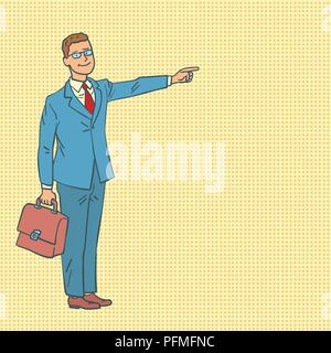 businessman points the way. Comic cartoon pop art retro vector illustration drawing Stock Vector