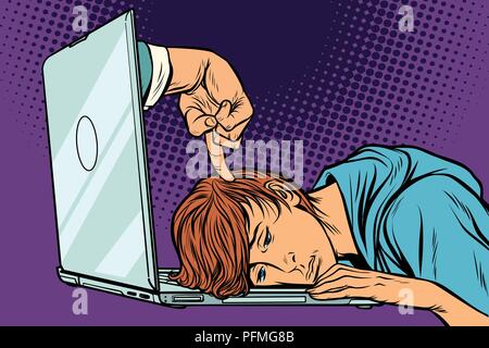 Deadline concept. Tired man at the laptop. Comic cartoon pop art retro vector illustration drawing Stock Vector