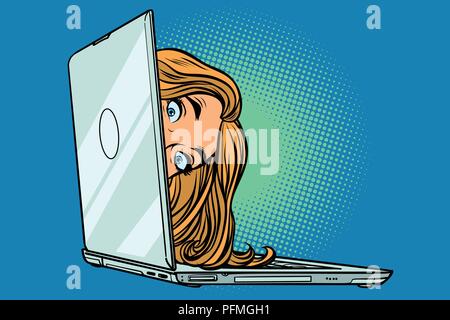 woman peeking out of laptop. Comic cartoon pop art retro vector illustration drawing Stock Vector