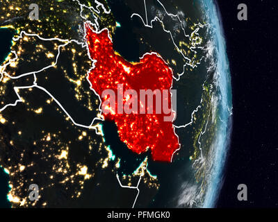 Iran from space on planet Earth at night with visible country borders. 3D illustration. Elements of this image furnished by NASA. Stock Photo