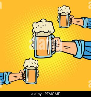 hands with beer mugs. Comic cartoon pop art retro vector illustration drawing Stock Vector