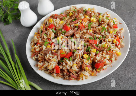 delicious shredded juicy Beef mixed with rice, vegetables, corn kernels, sweet pepper pieces, spices and sprinkled with green onion on white plate on  Stock Photo