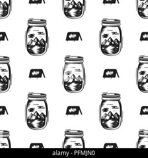 Adventure Jar Bottle seamless pattern with tent symbol, mountain elements. Vintage hand drawn wallpaper background for prints. Stock vector illustration isolated on white background Stock Vector