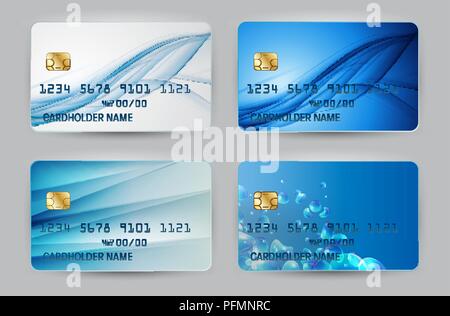 Silver Blue Wave Bank Card blank model template top view with shadow isolated on transparent backgroundcollection set. Vector Illustration Stock Vector