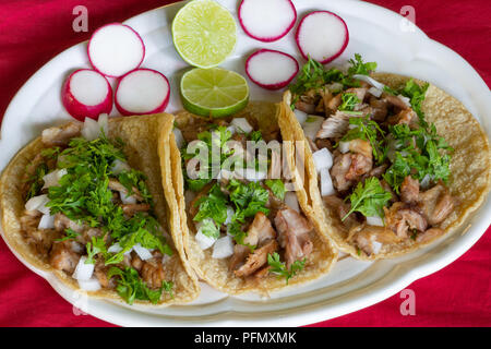 Carnitas Tacos, Tacos made with pork meat onions, cilantro, lemon and radish Stock Photo