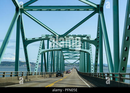 Entering Oregon sign while driving on the Megler Astoria Bridge over the Columbia River coming from Washington state by the US route 101, USA. Stock Photo