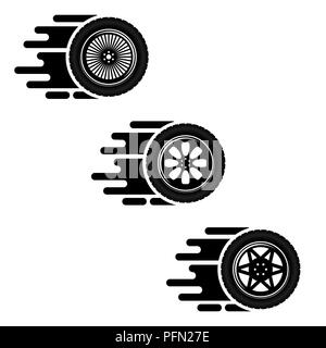 Set of three wheels with tire tracks silhouettes Stock Vector
