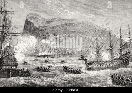 The Capture of Gibraltar between 1–4 August 1704, War of the Spanish Succession, From British Battles on Land and Sea, by James Grant Stock Photo