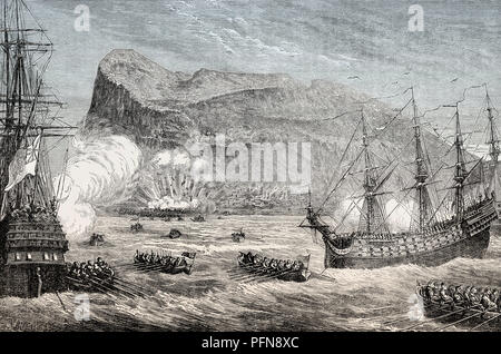 The Capture of Gibraltar between 1–4 August 1704, War of the Spanish Succession, From British Battles on Land and Sea, by James Grant Stock Photo