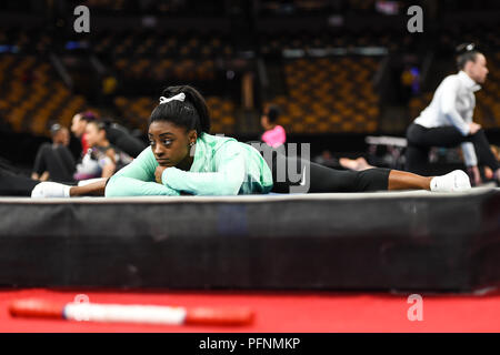 August 19, 2018 - Boston, Massachussetts, U.S - SIMONE BILES stretches out before the competition held at TD Garden in Boston, Massachusetts. (Credit Image: © Amy Sanderson via ZUMA Wire) Stock Photo