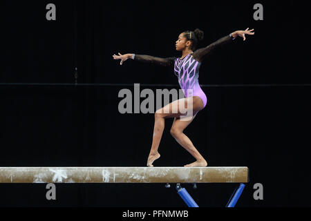 August 19, 2018 - Boston, Massachussetts, U.S - SLOANE BLAKELY competes on the balance beam at the competition held at TD Garden in Boston, Massachusetts. (Credit Image: © Amy Sanderson via ZUMA Wire) Stock Photo