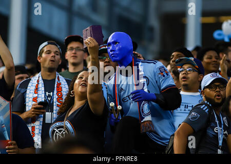 Bronx, NY, USA. 22nd August, 2018. The Blue Man Group joins the Third Rail and NYCFC fans at the NYCFC vs New York Redbulls derby. © Ben Nichols/Alamy Live News. Stock Photo