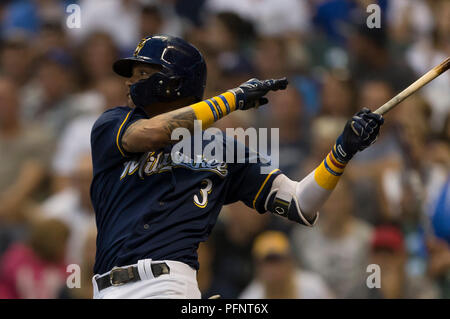 05 August 2016: Milwaukee Brewers Shortstop Orlando Arcia (3) gets his  first MLB hit and RBI single [10779] during a game between Milwaukee Brewers  and the Arizona Diamondbacks at Chase field. (Photo