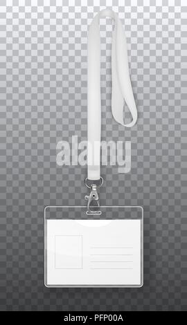Vector realistic 3d empty graphic Id Card badge on carbine with lanyard closeup isolated on transparency grid background. Design template for mockup Stock Vector