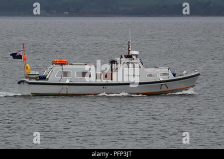 Grey Swan, believed to be a Ministry of Defence launch based at Faslane, passing Greenock during Exercise Joint Warrior 18-1. Stock Photo