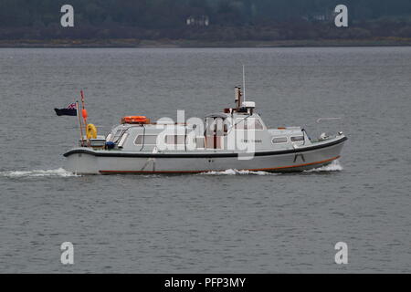 Grey Swan, believed to be a Ministry of Defence launch based at Faslane, passing Greenock during Exercise Joint Warrior 18-1. Stock Photo