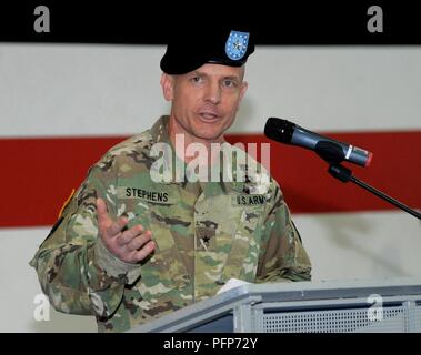 Brig. Gen. Ronald Stephens, incoming Regional Health Command Europe commander, provides remarks at the Regional Health Command Europe change of command ceremony, May 23, 2018 at Sembach Kaserne, Germany Stock Photo