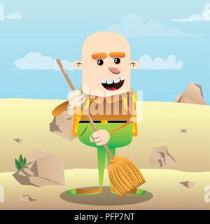 Schoolboy holding a broom. Vector cartoon character illustration. Stock Vector