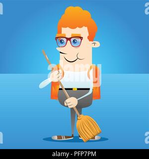 Schoolboy holding a broom. Vector cartoon character illustration. Stock Vector