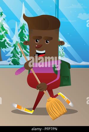 Schoolboy holding a broom. Vector cartoon character illustration. Stock Vector