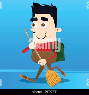 Schoolboy holding a broom. Vector cartoon character illustration. Stock Vector