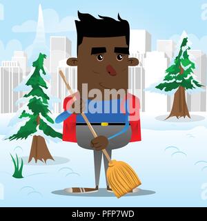 Schoolboy holding a broom. Vector cartoon character illustration. Stock Vector