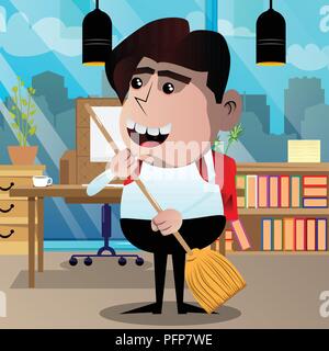 Schoolboy holding a broom. Vector cartoon character illustration. Stock Vector