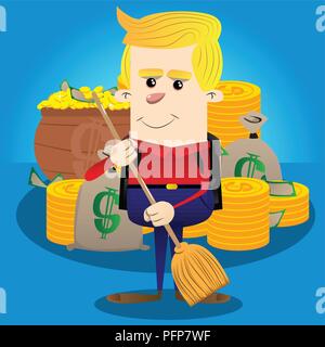 Schoolboy holding a broom. Vector cartoon character illustration. Stock Vector