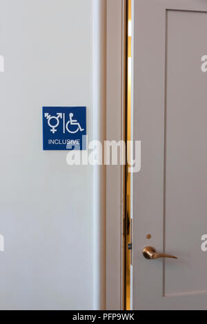 Inclusive sign at the entrance of a restroom. Stock Photo