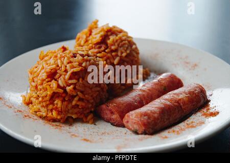 USA, Louisiana, New Orleans, jambalaya, a type of Creole local mixed rice dish served with sausages Stock Photo