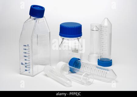 Plastic test tubes and bottles Stock Photo