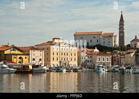 Slovenia, Littoral region, Piran, view of town and St George's Church belltower from the marina Stock Photo