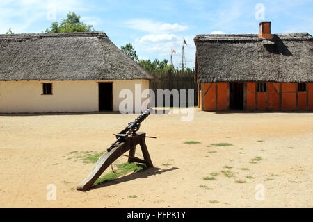 Recreated interior of the James Fort at the historic Jamestown Settlement, Virginia, USA Stock Photo