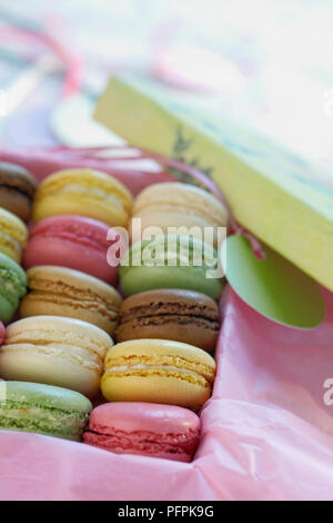 Box containing macaroons of different colours Stock Photo