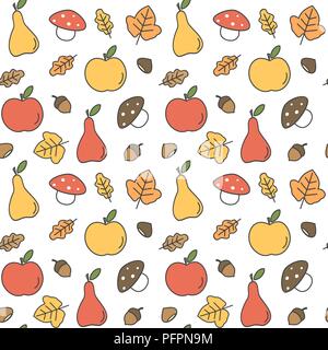 cute colorful autumn fall seamless vector pattern background illustration with pears, apples, leaves, acorns, chestnuts and mushrooms Stock Vector