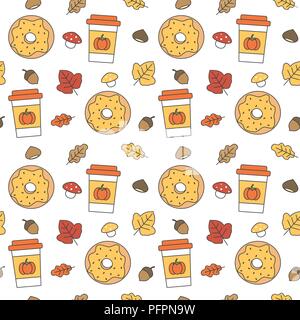 cute lovely autumn seamless vector pattern background illustration with donuts, paper cup, leaves, acorns and chestnuts Stock Vector