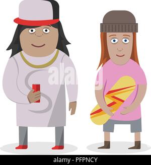 Couple man and girl with skateboard on white background, successful family concept, flat cartoon. Stock Vector