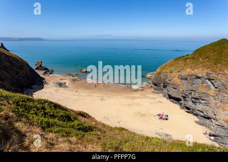Looking down onto Cilborth beach from the cliff path, on a warm summers day. Llangrannog, Ceredigion Stock Photo