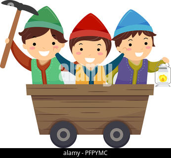 Illustration of Stickman Kid Boys Dwarf In a Mining Cart Holding a Pick and Lamp Stock Photo