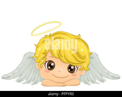 Illustration of a Smiling Kid Boy Angel with White Wings and Gold Halo Stock Photo