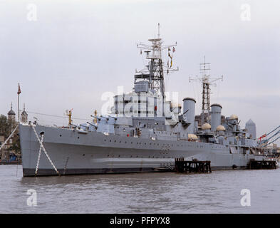 Great Britain, England, London, view of HMS Belfast, museum ship, moored on the River Thames Stock Photo