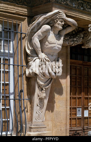 France, Provence, Aix-en-Provence, Pavillion de Vendome, Atlas statue on facade Stock Photo