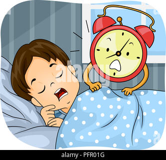 Illustration of a Kid Boy Sleeping On His Bed Being Woken Up by an Alarm Clock Stock Photo