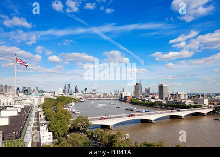 Great Britain, England, London, elevated view of city skyline, roof of Savoy Hotel on the left, Waterloo Bridge in the foreground Stock Photo