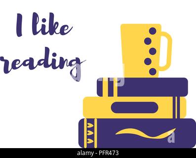 Colored line icon of pile of books and tea I love reading concept for libraries, book stores and schools. Vector illustration isolated. I like reading Stock Vector